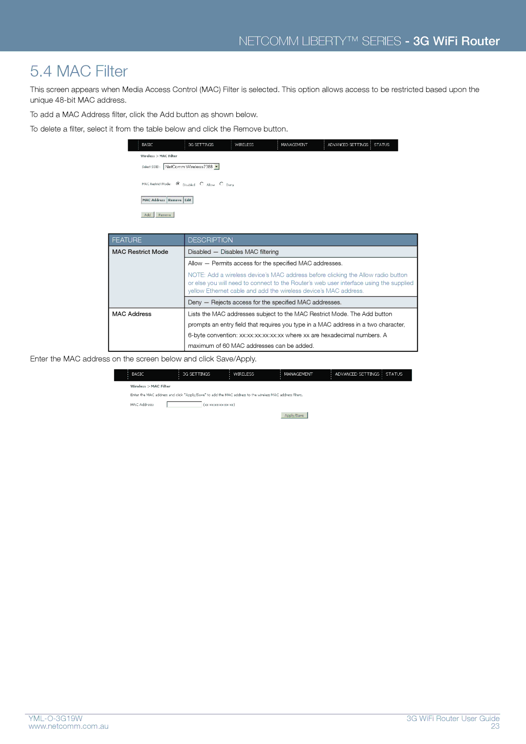 NetComm YML-O-3G19W manual MAC Filter, Feature Description 