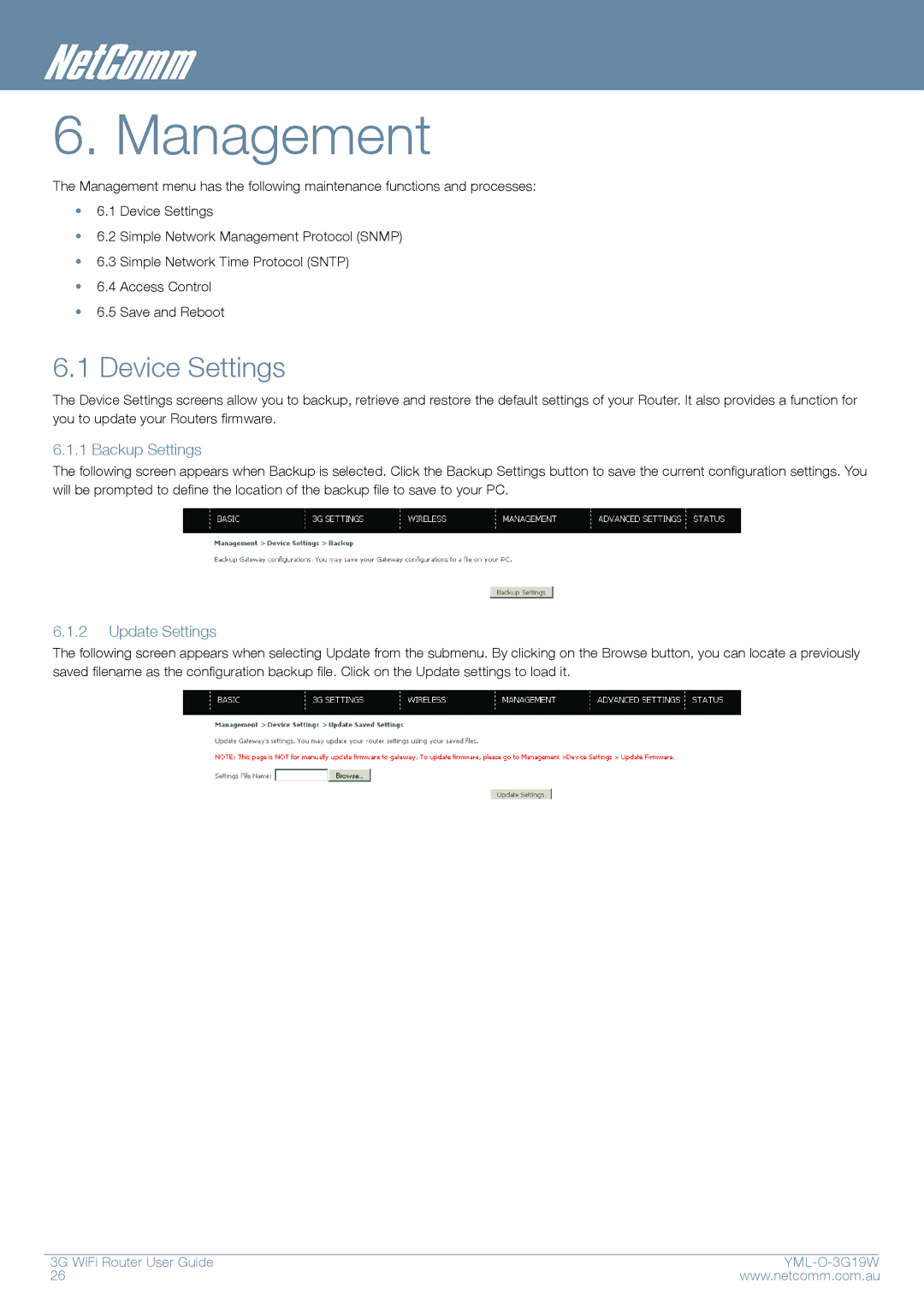 NetComm YML-O-3G19W manual Management, Device Settings, Backup Settings, Update Settings 