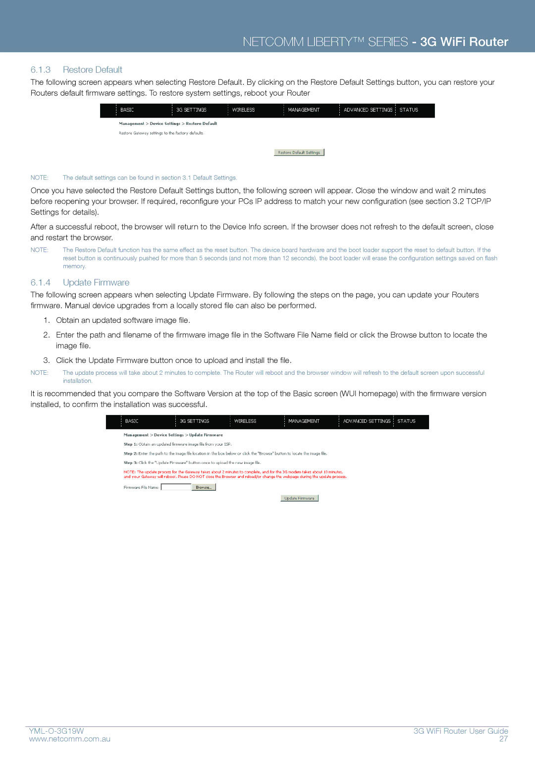 NetComm YML-O-3G19W manual Restore Default, Update Firmware 