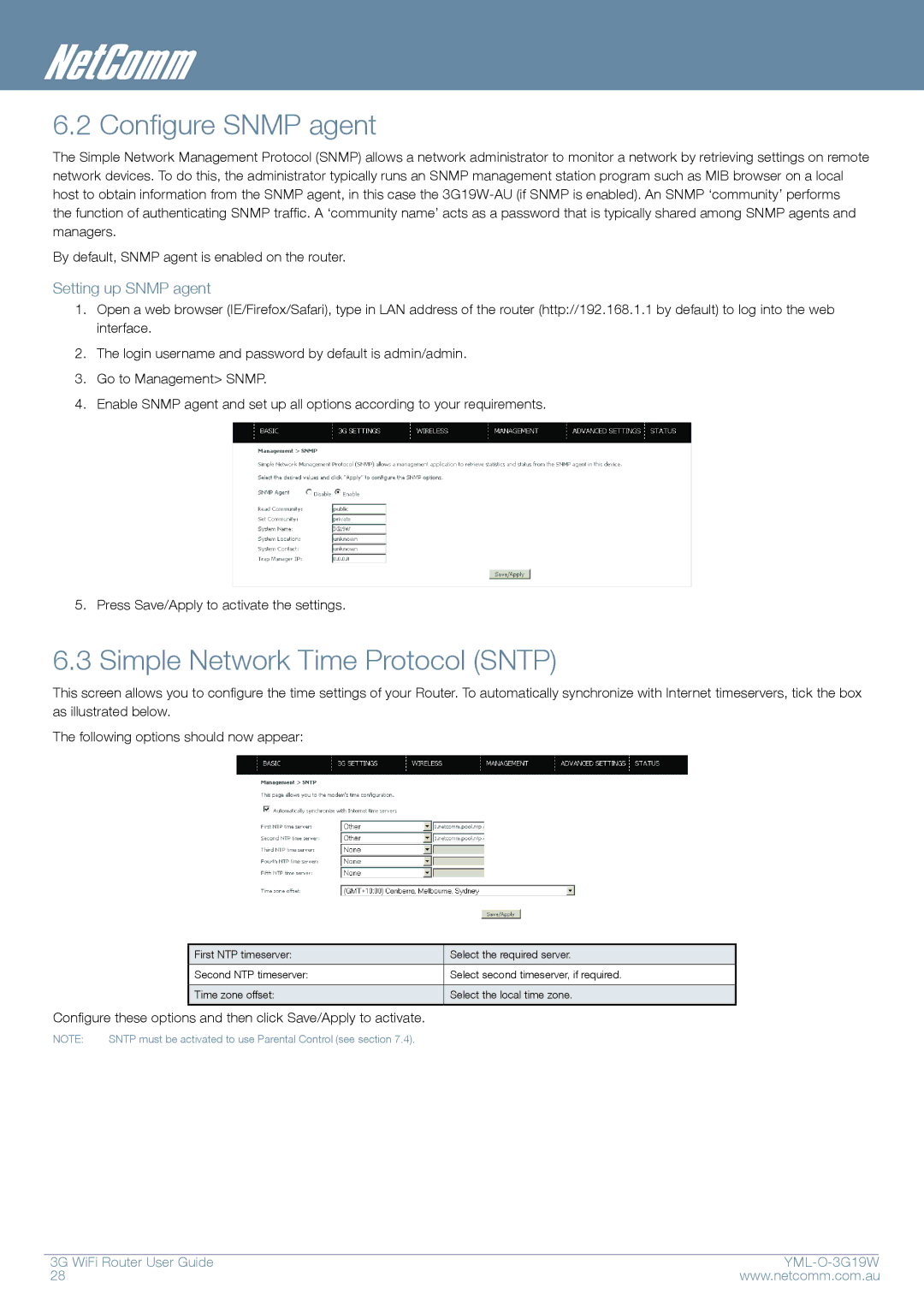 NetComm YML-O-3G19W manual Configure Snmp agent, Simple Network Time Protocol Sntp, Setting up Snmp agent 