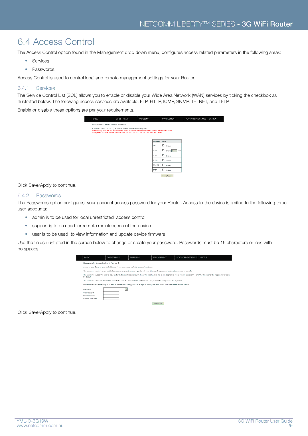 NetComm YML-O-3G19W manual Access Control, Services, Passwords 