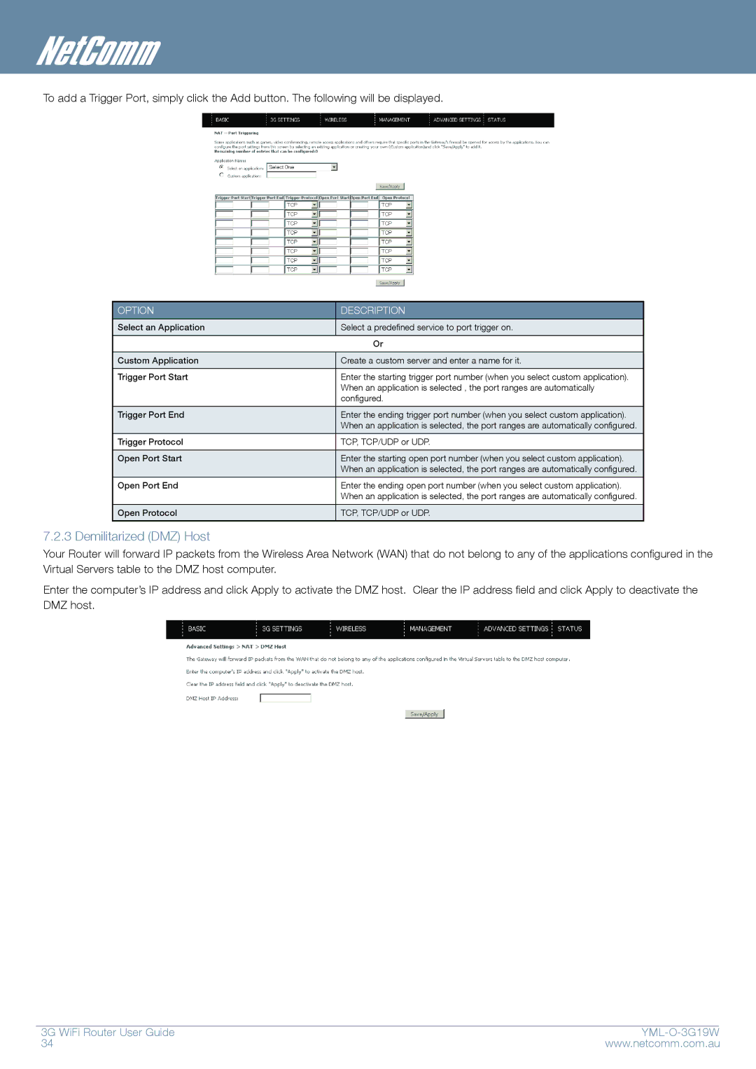 NetComm YML-O-3G19W manual Demilitarized DMZ Host 