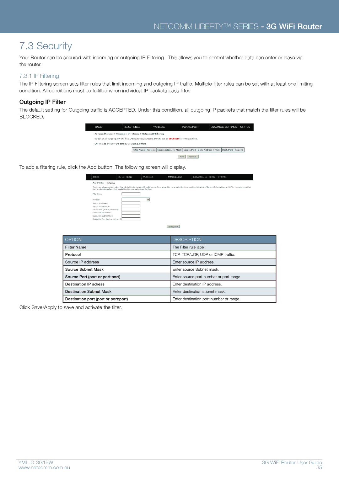 NetComm YML-O-3G19W manual IP Filtering, Outgoing IP Filter 