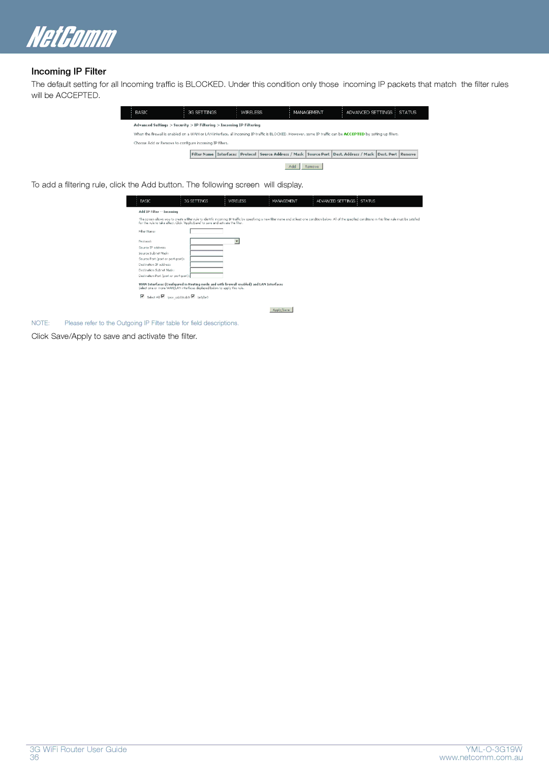 NetComm YML-O-3G19W manual Incoming IP Filter 