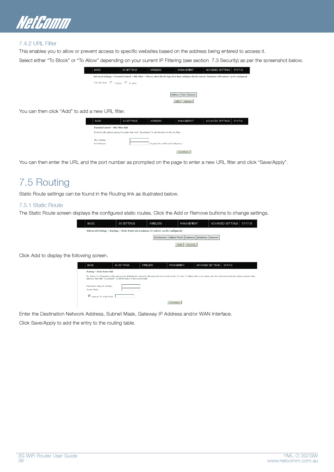 NetComm YML-O-3G19W manual Routing, URL Filter, Static Route 