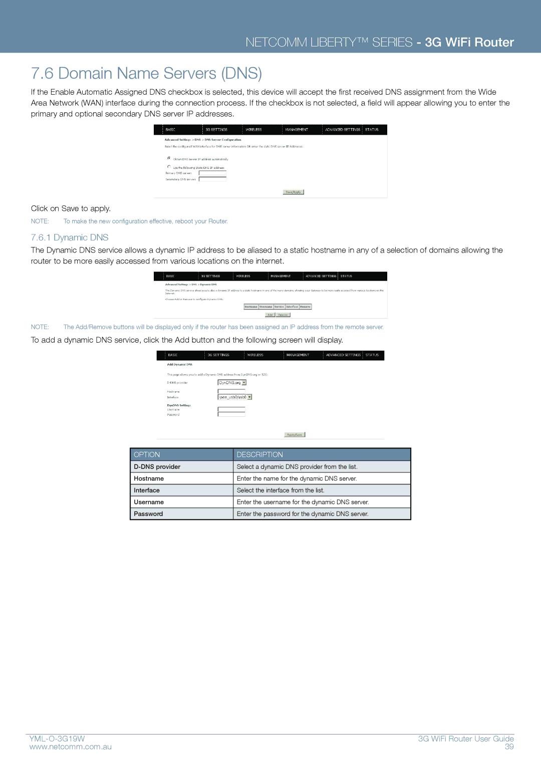 NetComm YML-O-3G19W manual Domain Name Servers DNS, Dynamic DNS 