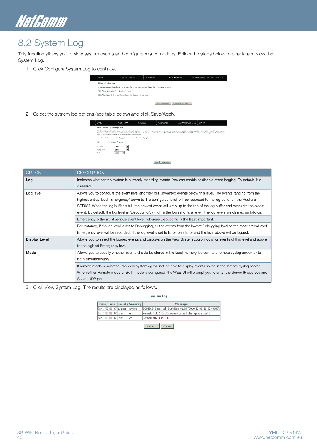 NetComm YML-O-3G19W manual System Log 