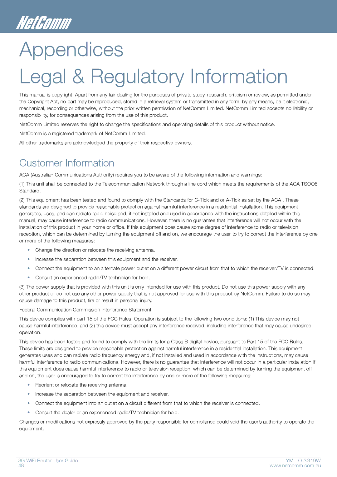 NetComm YML-O-3G19W manual Appendices Legal & Regulatory Information, Customer Information 