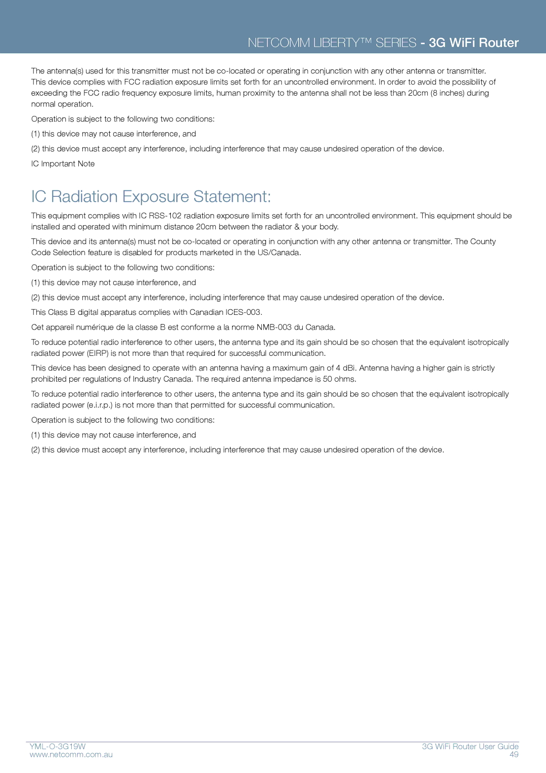 NetComm YML-O-3G19W manual IC Radiation Exposure Statement 