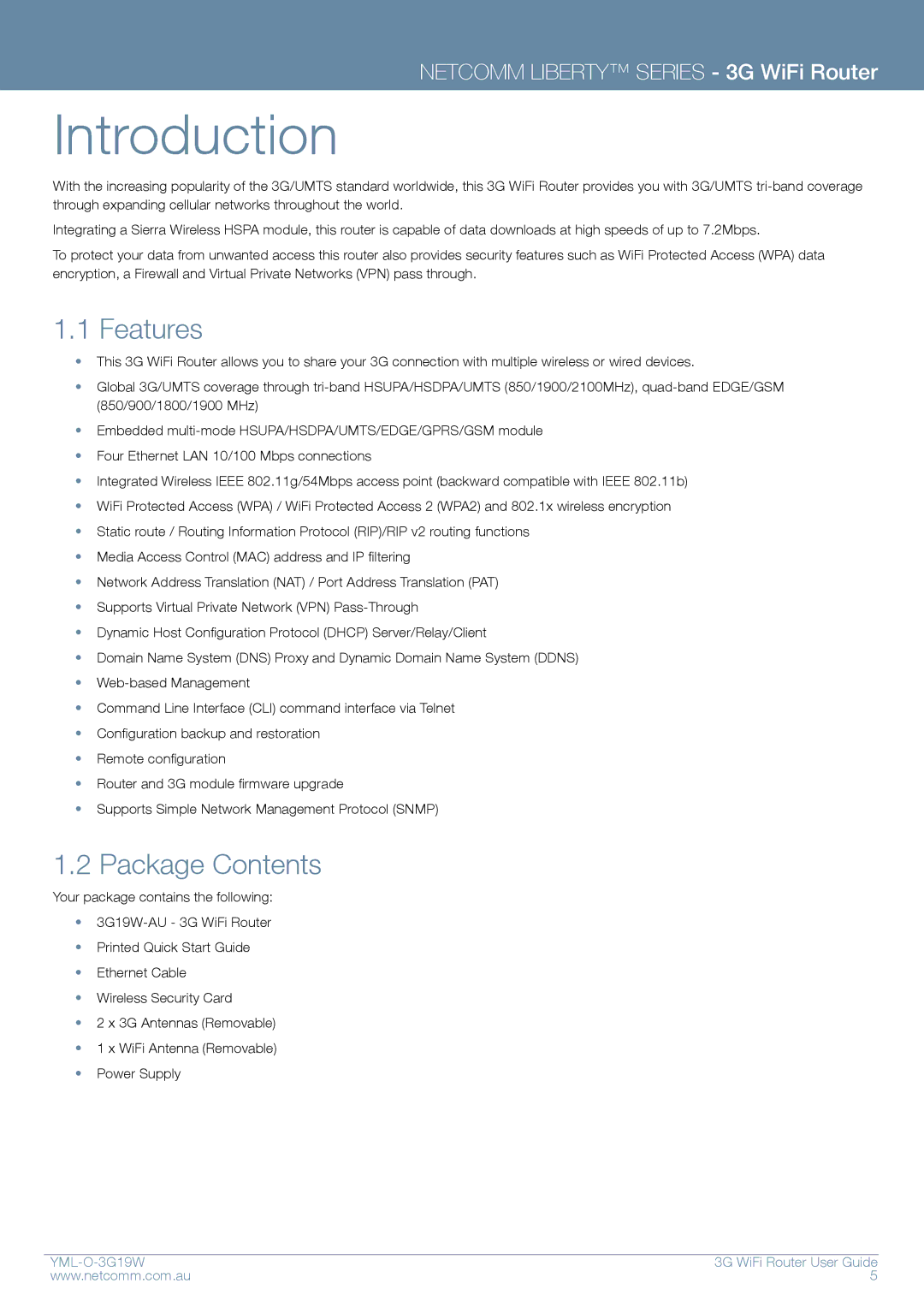 NetComm YML-O-3G19W manual Introduction, Features, Package Contents 