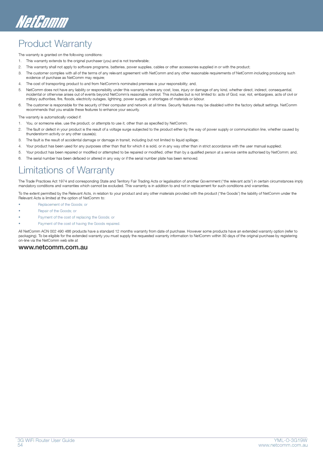 NetComm YML-O-3G19W manual Product Warranty, Limitations of Warranty 