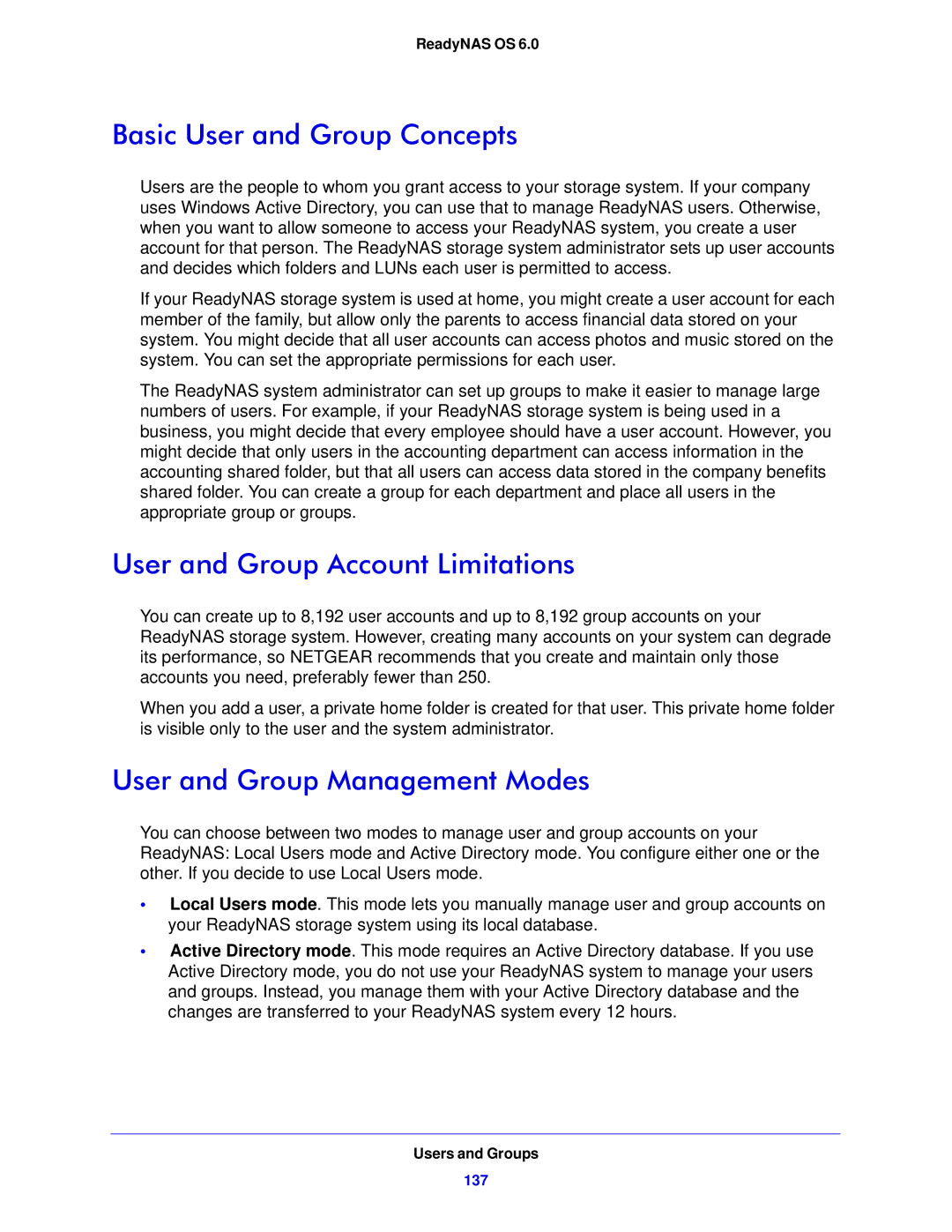 NETGEAR 312, 104, 314 Basic User and Group Concepts, User and Group Account Limitations, User and Group Management Modes 