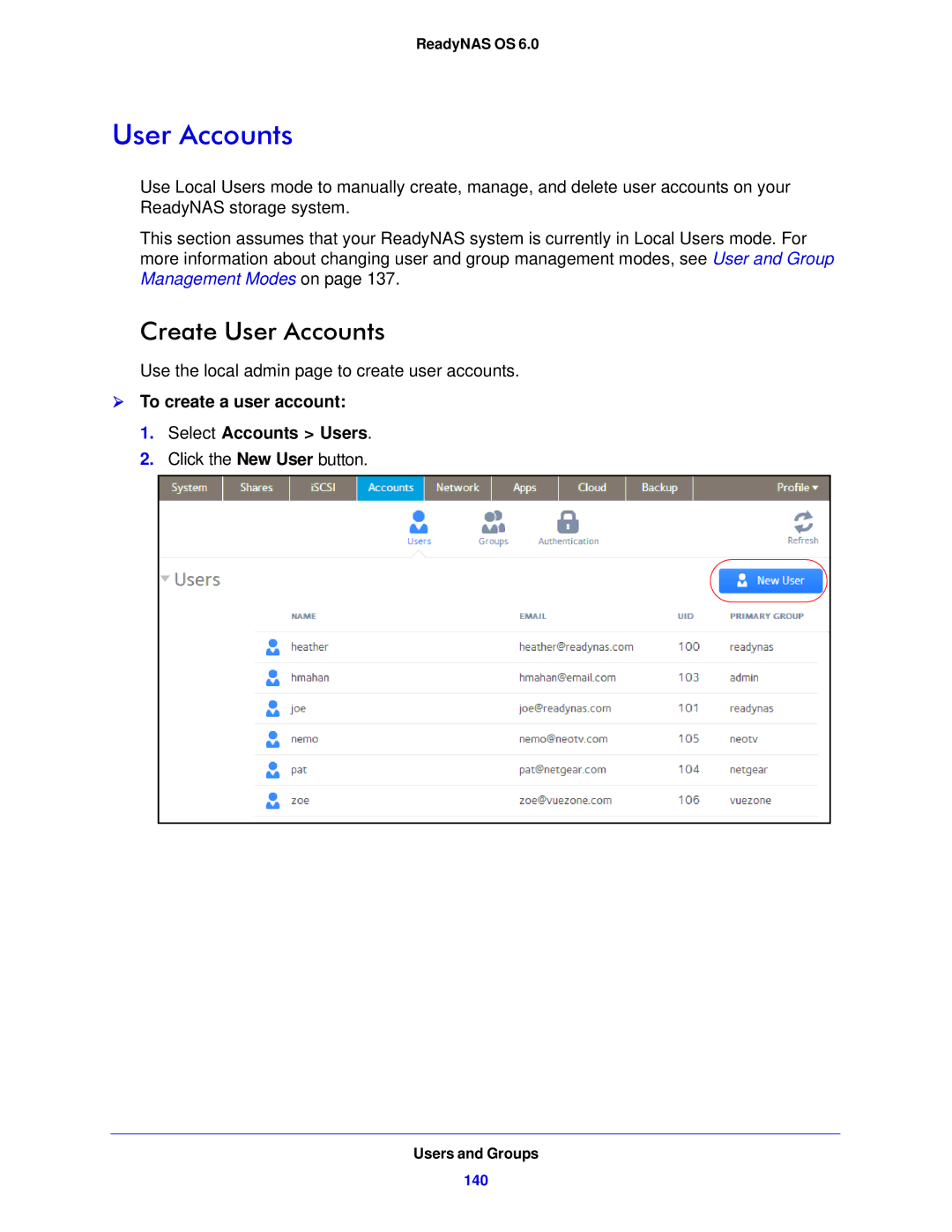 NETGEAR 312, 104, 314 software manual Create User Accounts,  To create a user account Select Accounts Users 