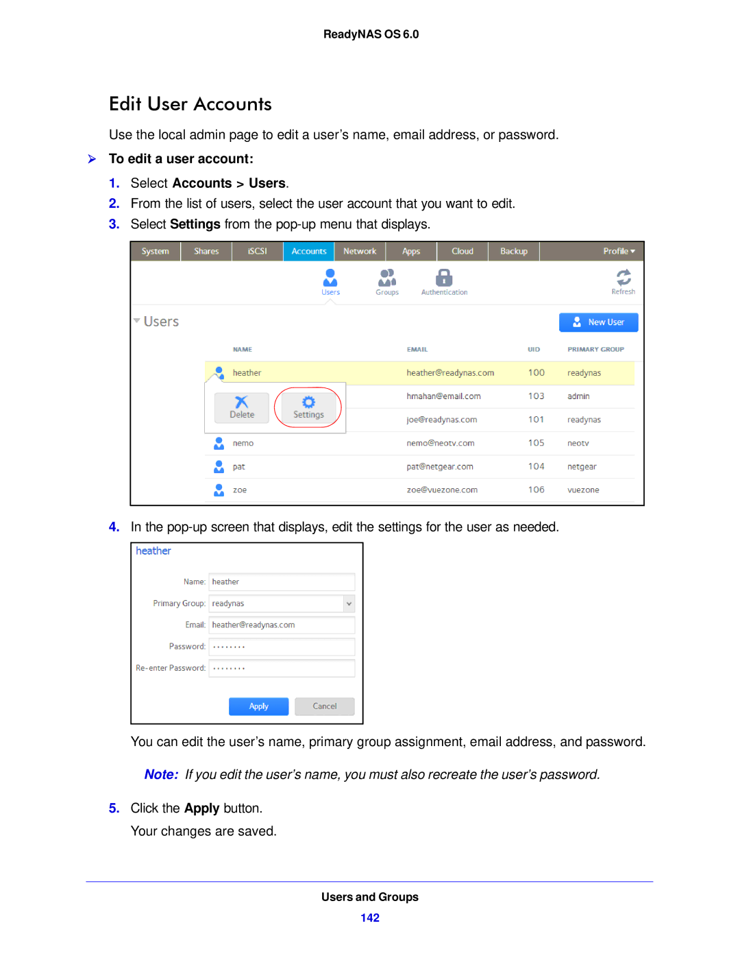 NETGEAR 314, 104, 312 software manual Edit User Accounts,  To edit a user account Select Accounts Users 