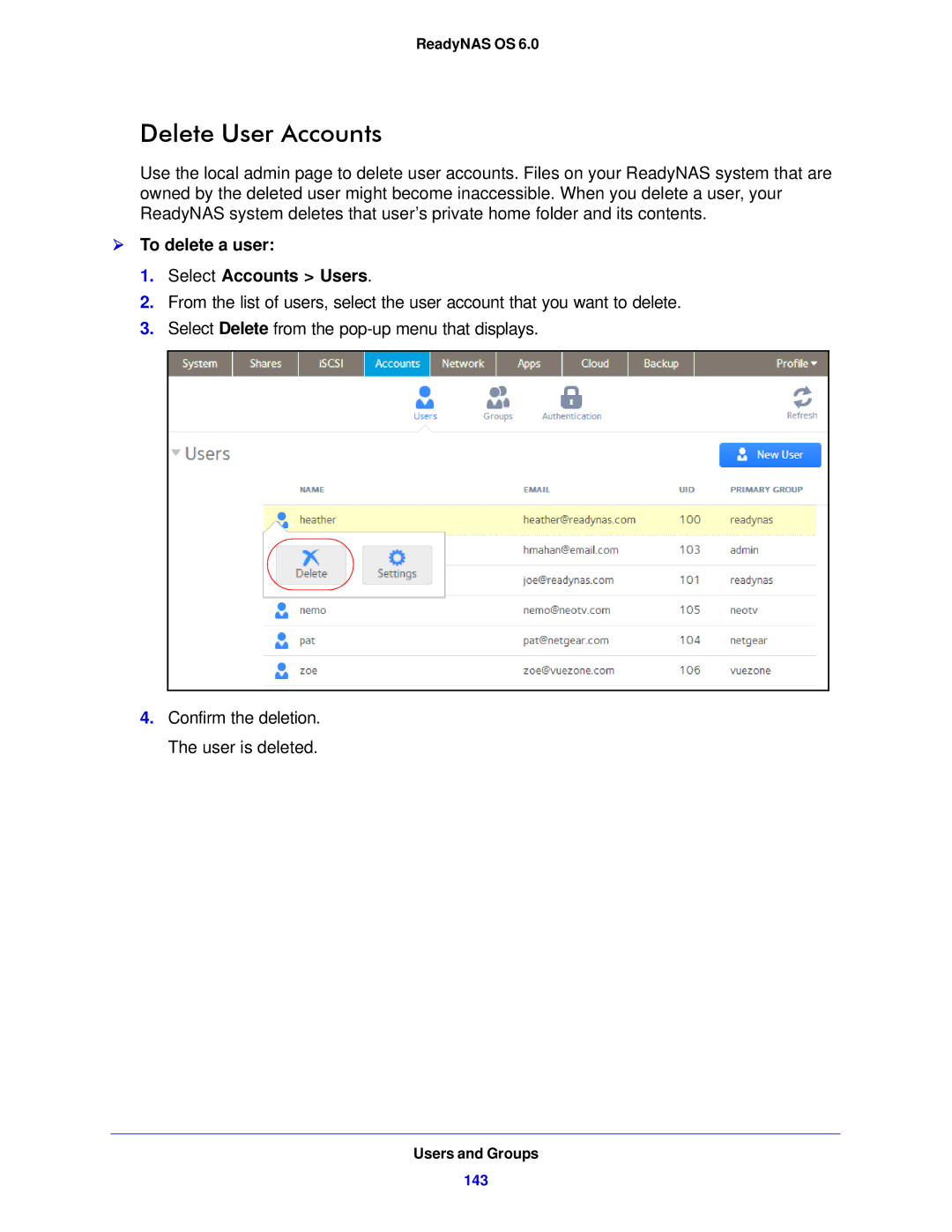 NETGEAR 312, 104, 314 software manual Delete User Accounts,  To delete a user Select Accounts Users 