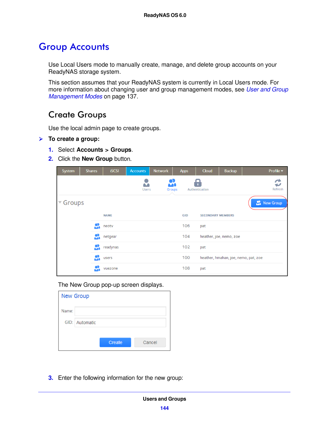 NETGEAR 104, 314, 312 software manual Group Accounts, Create Groups,  To create a group Select Accounts Groups 