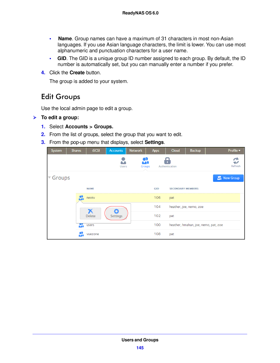 NETGEAR 314, 104, 312 software manual Edit Groups,  To edit a group Select Accounts Groups 