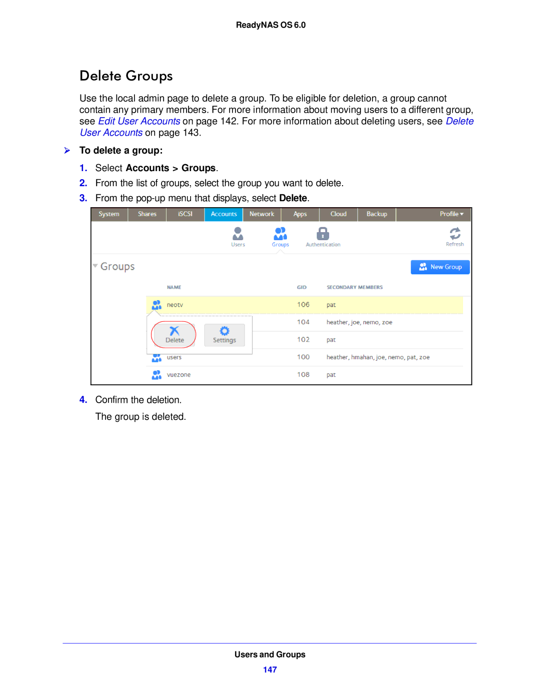 NETGEAR 104, 314, 312 software manual Delete Groups,  To delete a group Select Accounts Groups 