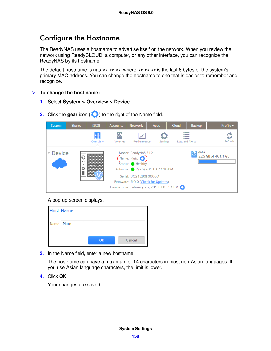 NETGEAR 312, 104, 314 software manual Configure the Hostname,  To change the host name Select System Overview Device 