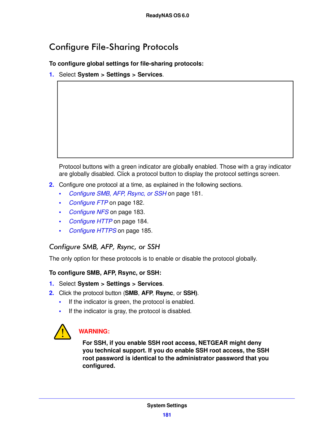 NETGEAR 314, 104, 312 software manual Configure File-Sharing Protocols, Configure SMB, AFP, Rsync, or SSH 