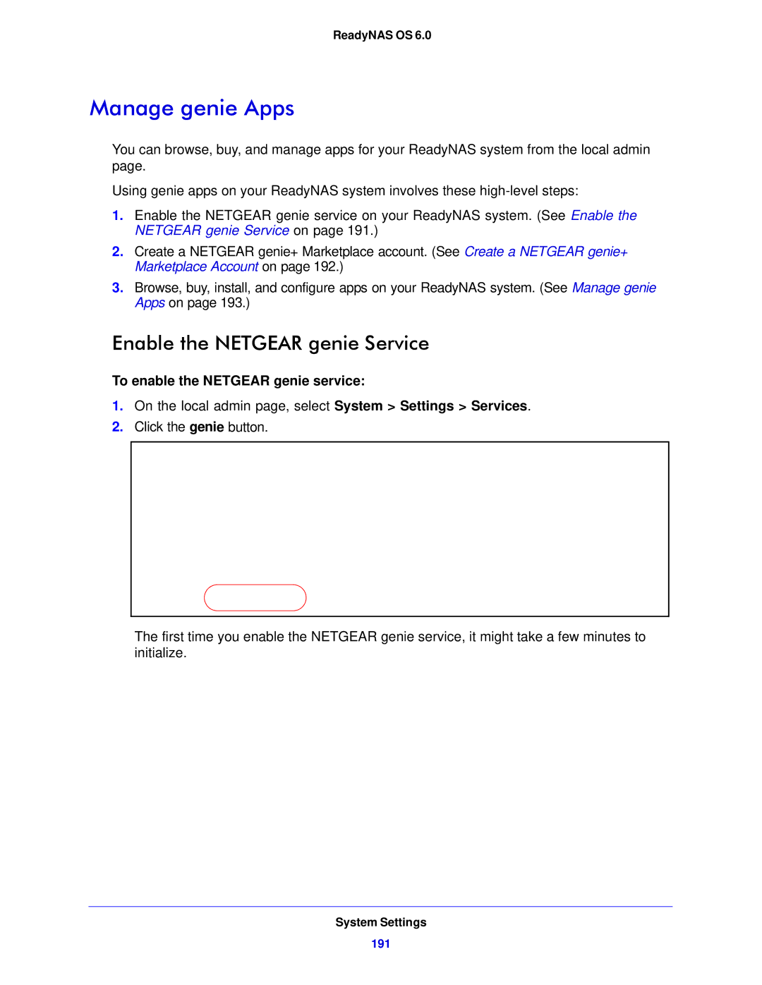 NETGEAR 312, 104, 314 Manage genie Apps, Enable the Netgear genie Service,  To enable the Netgear genie service 