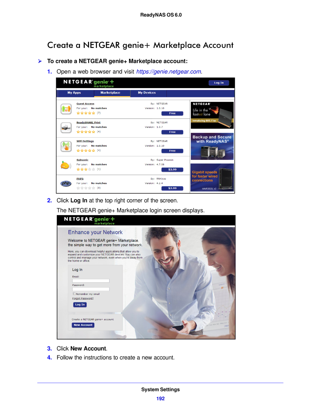 NETGEAR 104, 314, 312 Create a Netgear genie+ Marketplace Account,  To create a Netgear genie+ Marketplace account 