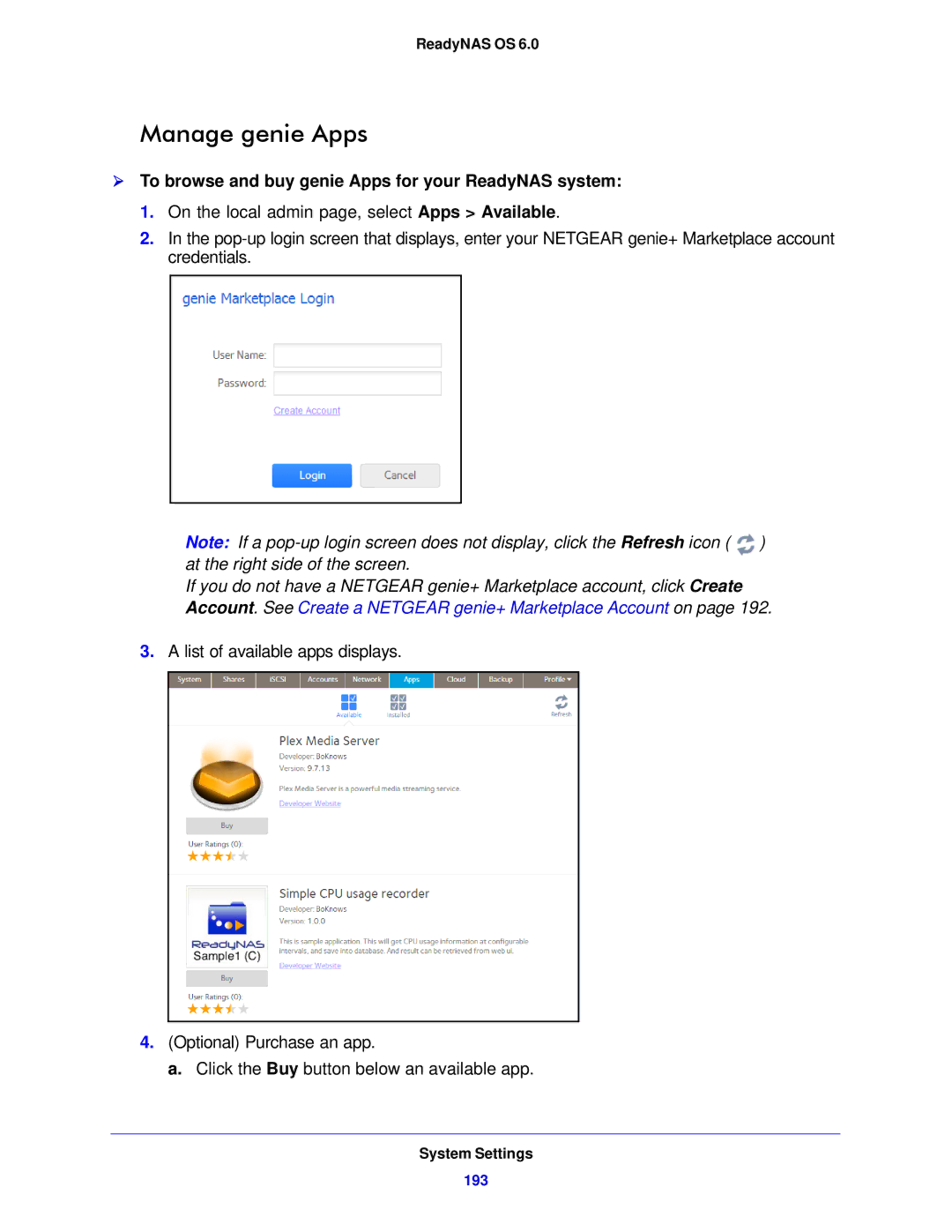 NETGEAR 314, 104, 312 software manual Manage genie Apps,  To browse and buy genie Apps for your ReadyNAS system 