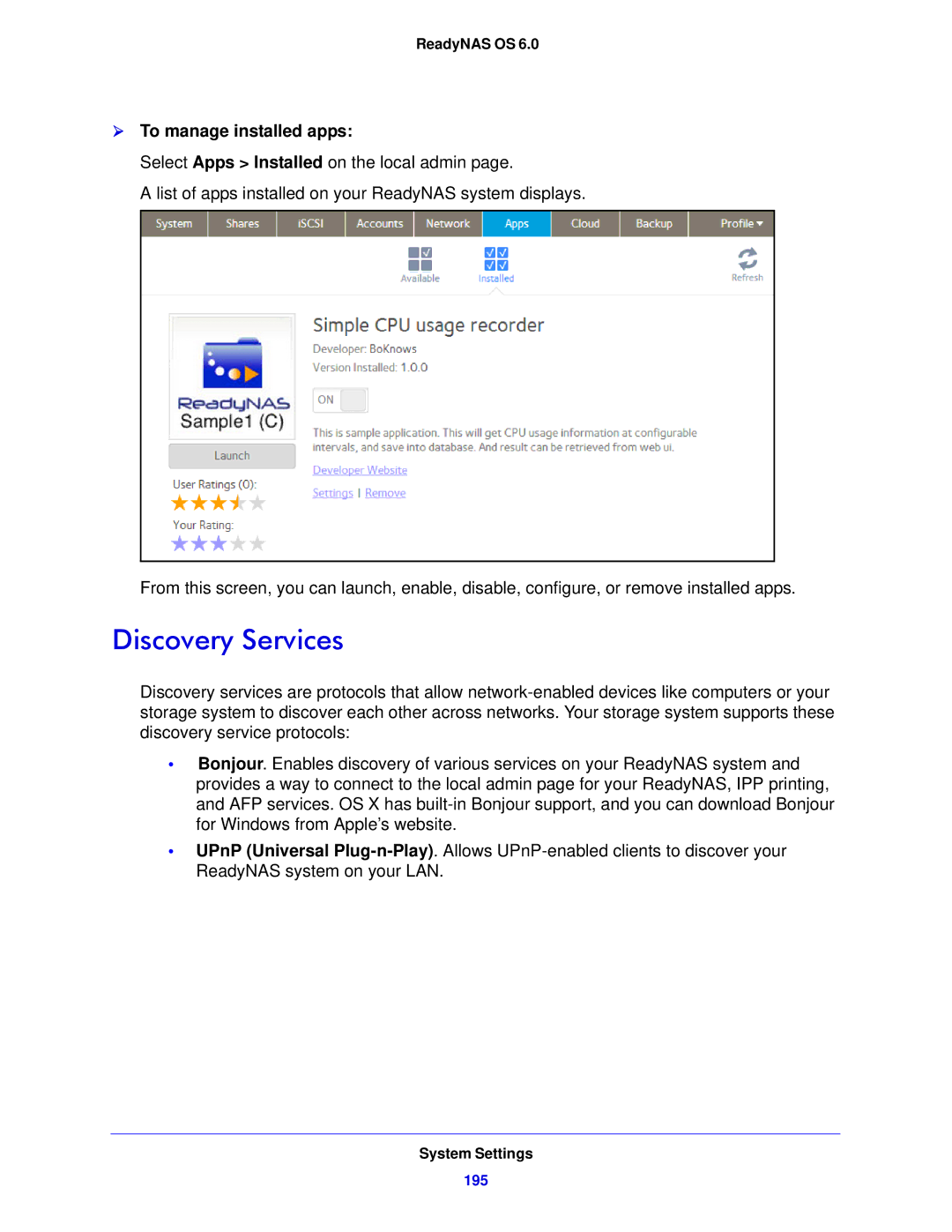 NETGEAR 104, 314, 312 software manual Discovery Services,  To manage installed apps 