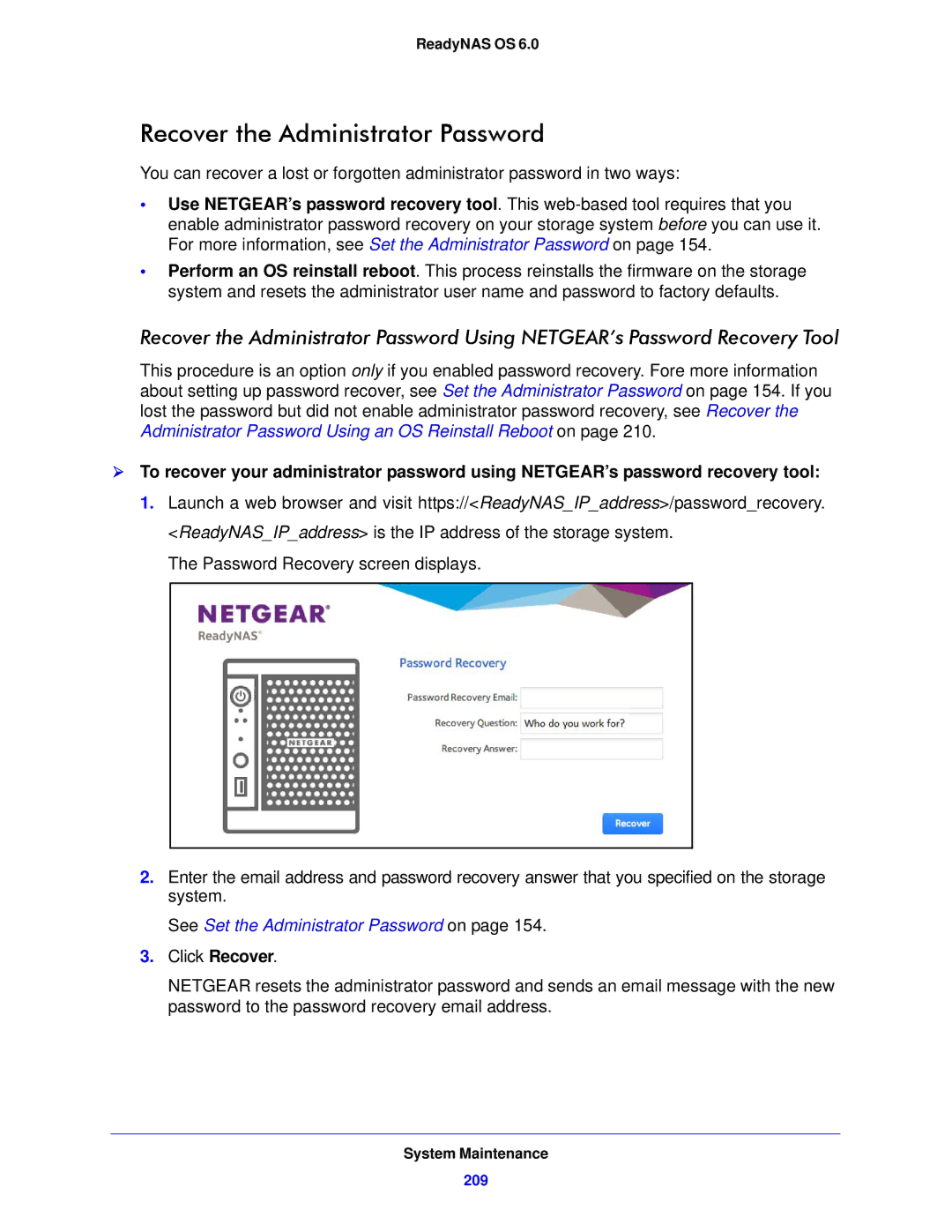 NETGEAR 312, 104, 314 software manual Recover the Administrator Password, See Set the Administrator Password on 