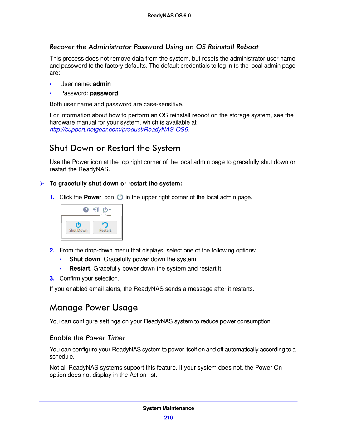 NETGEAR 104, 314, 312 software manual Shut Down or Restart the System, Manage Power Usage, Enable the Power Timer 