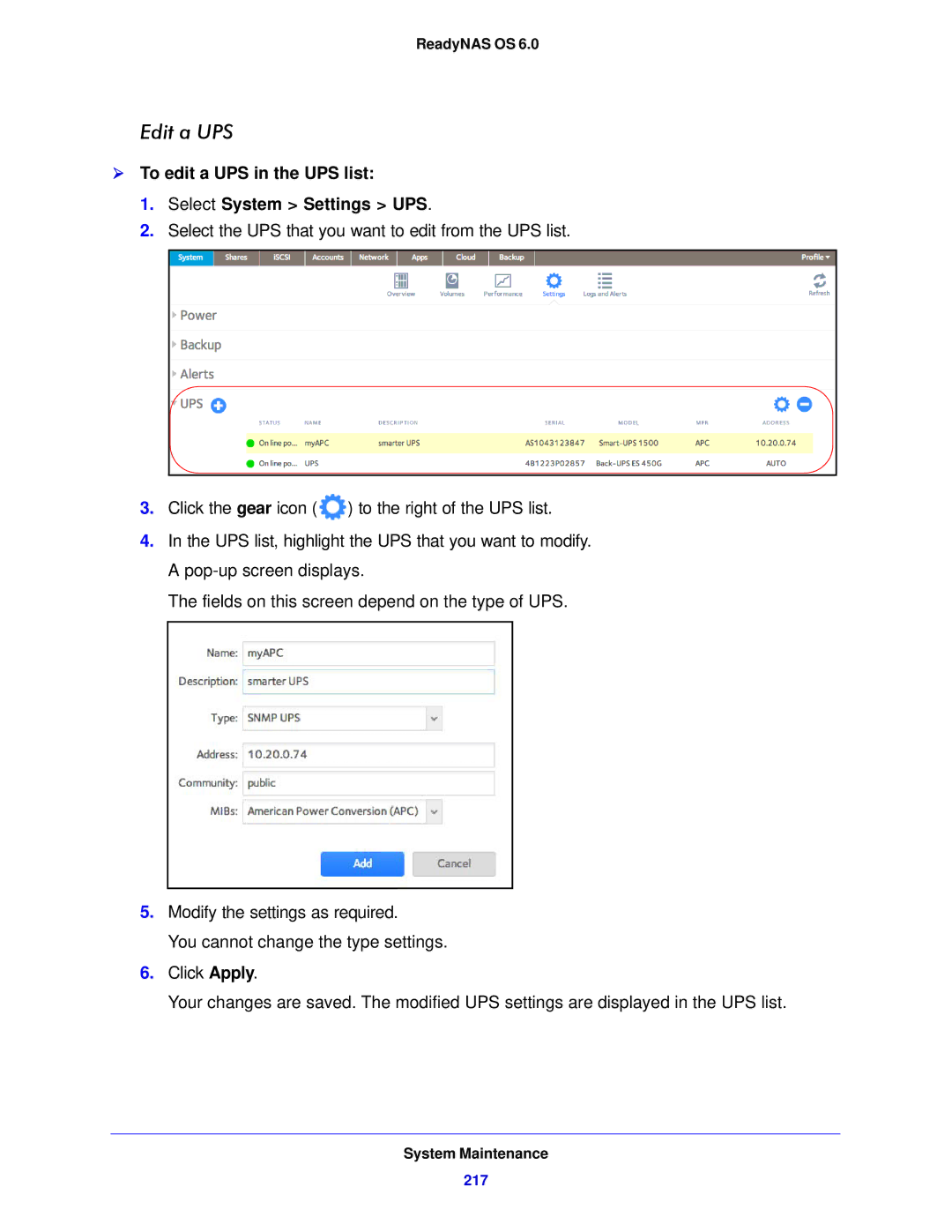 NETGEAR 314, 104, 312 software manual Edit a UPS,  To edit a UPS in the UPS list Select System Settings UPS 