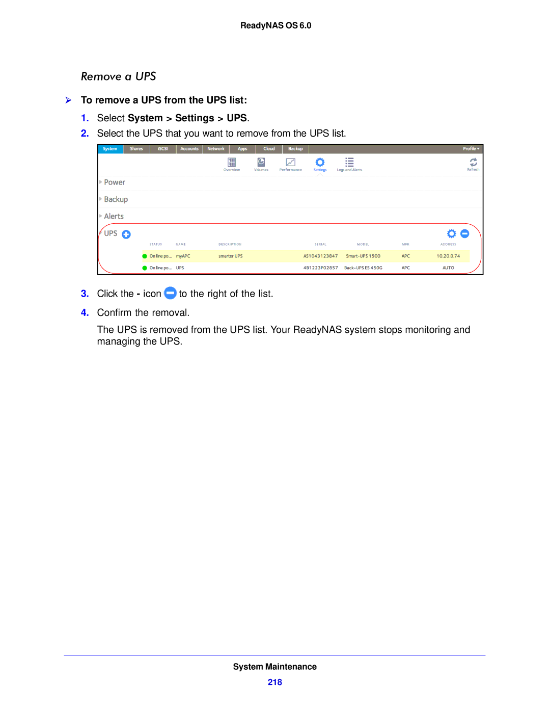 NETGEAR 312, 104, 314 software manual Remove a UPS 