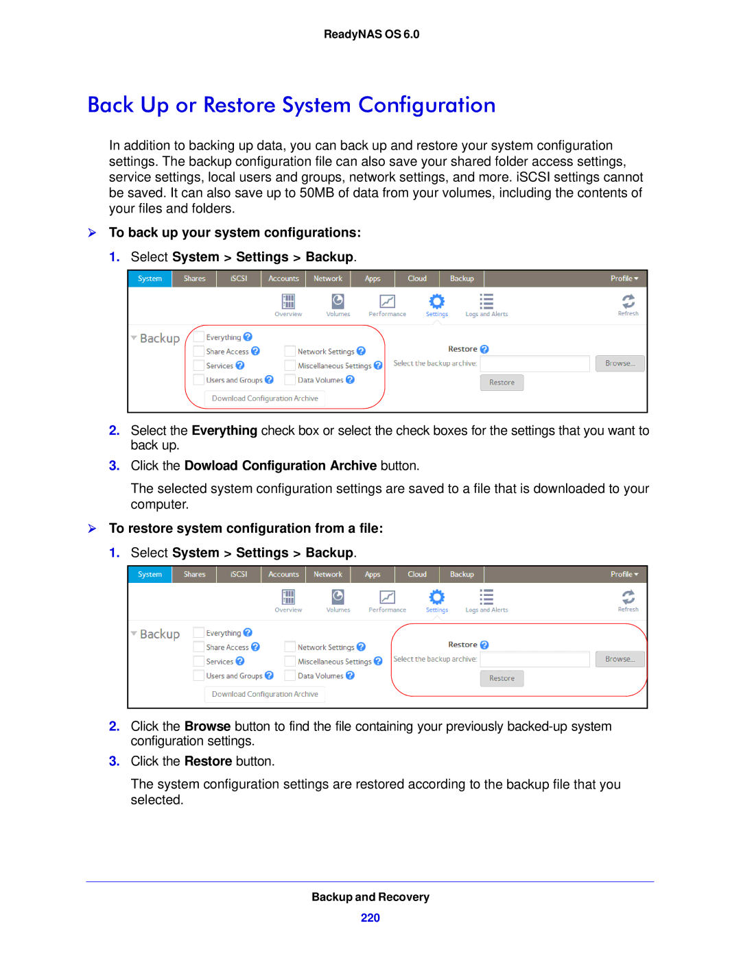 NETGEAR 314, 104, 312 software manual Back Up or Restore System Configuration, Click the Dowload Configuration Archive button 