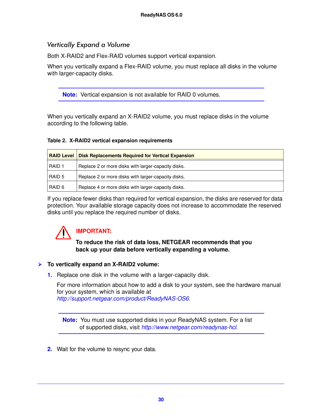 NETGEAR 104, 314, 312 software manual Vertically Expand a Volume, RAID2 vertical expansion requirements 