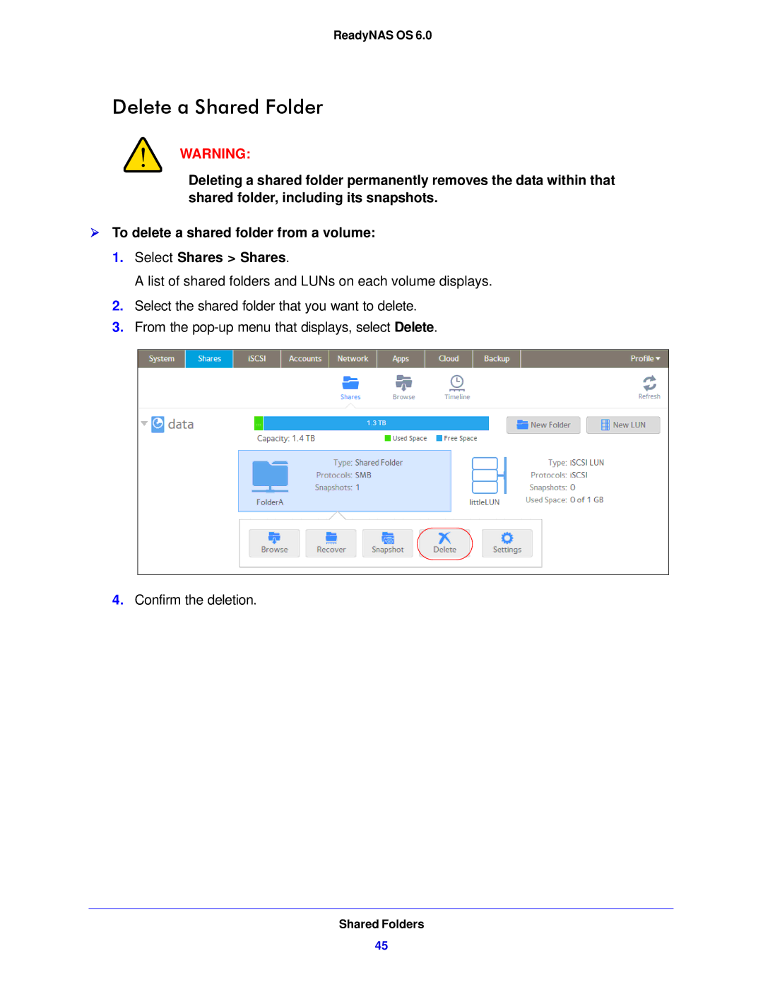 NETGEAR 104, 314, 312 software manual Delete a Shared Folder 