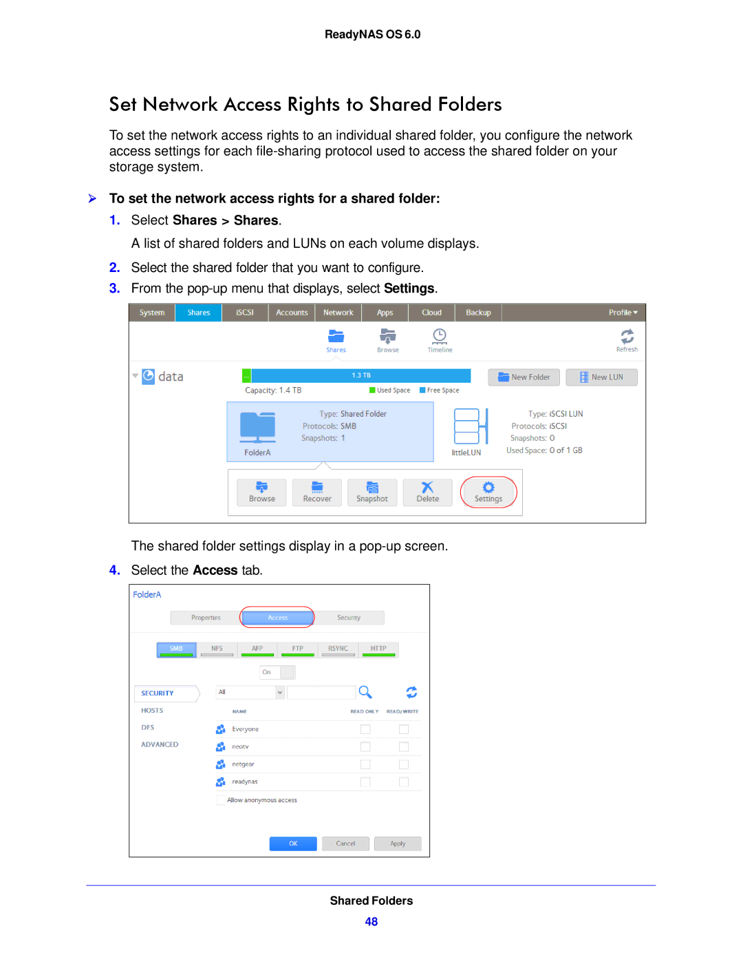 NETGEAR 104, 314, 312 software manual Set Network Access Rights to Shared Folders 