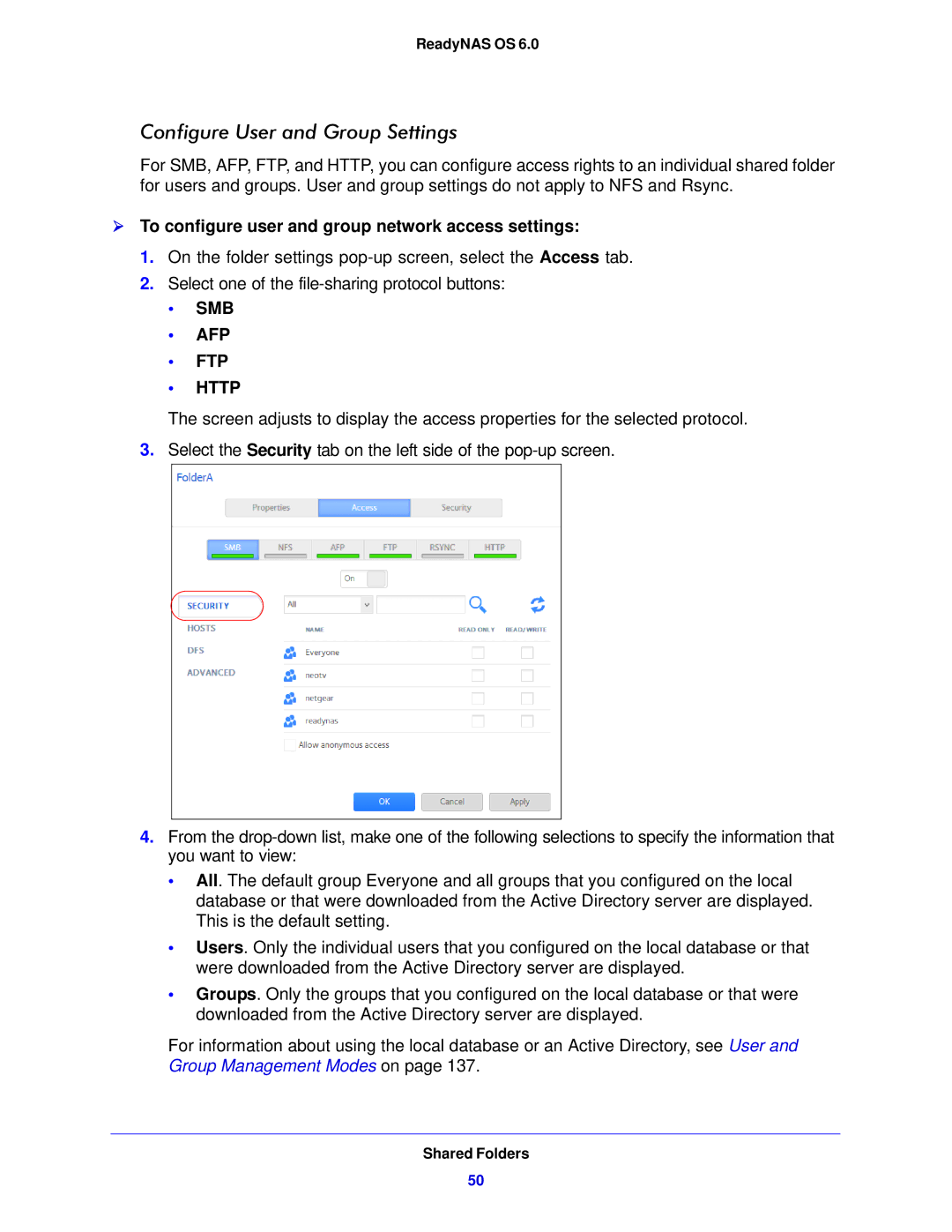 NETGEAR 312, 104, 314 Configure User and Group Settings,  To configure user and group network access settings 