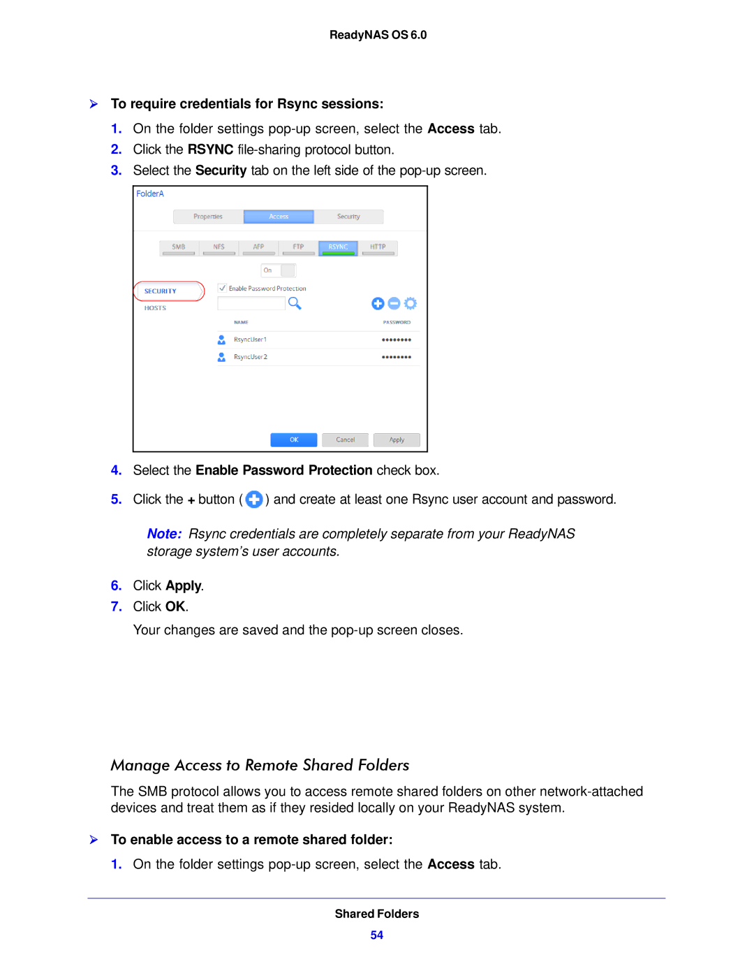 NETGEAR 104, 314, 312 software manual Manage Access to Remote Shared Folders,  To require credentials for Rsync sessions 