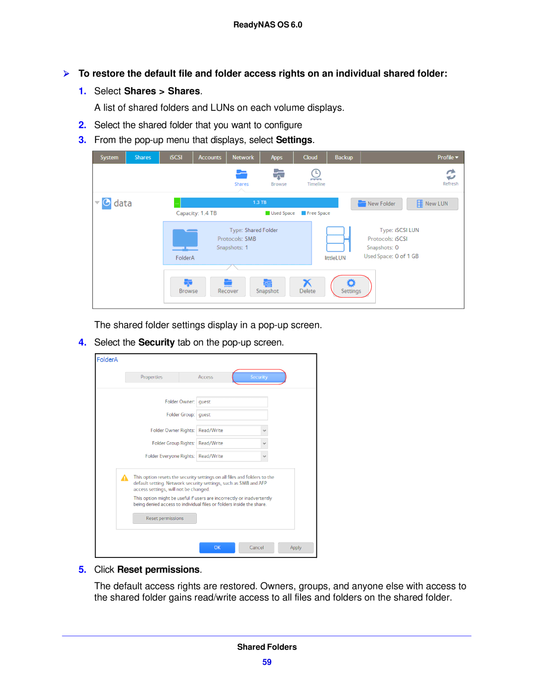 NETGEAR 312, 104, 314 software manual Click Reset permissions 