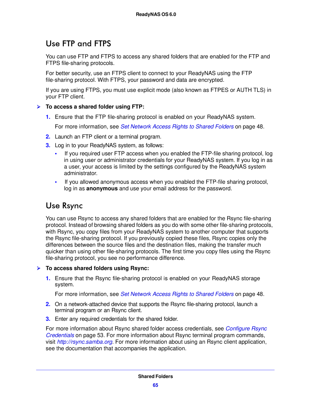 NETGEAR 312 Use FTP and Ftps, Use Rsync,  To access a shared folder using FTP,  To access shared folders using Rsync 