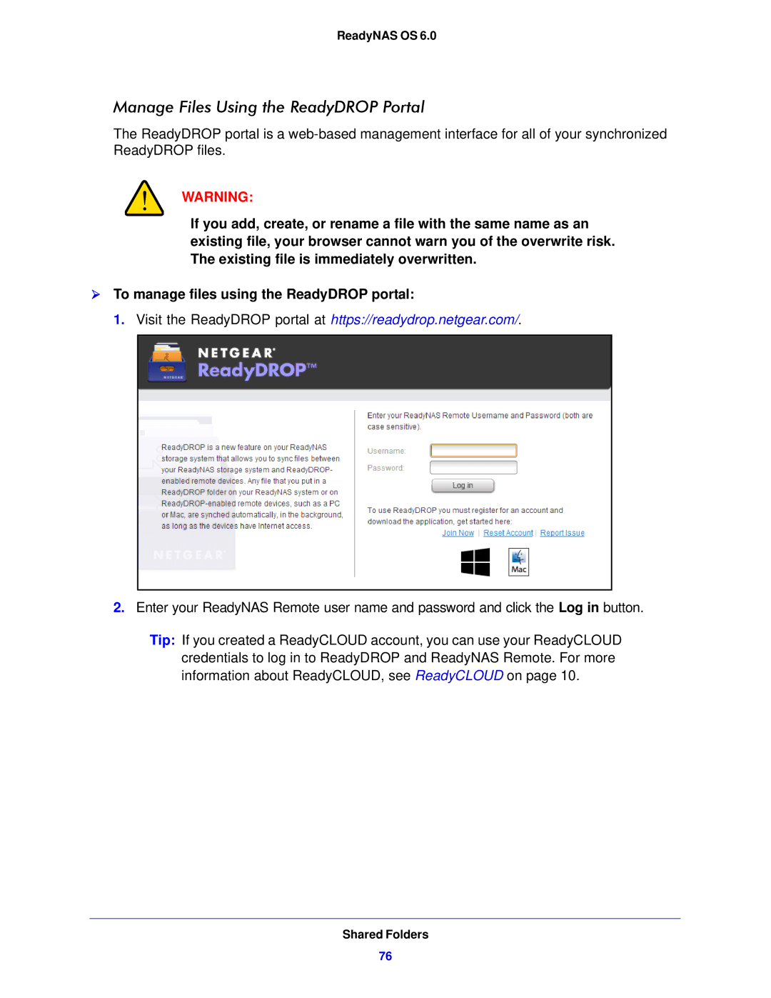 NETGEAR 314, 104, 312 software manual Manage Files Using the ReadyDROP Portal 