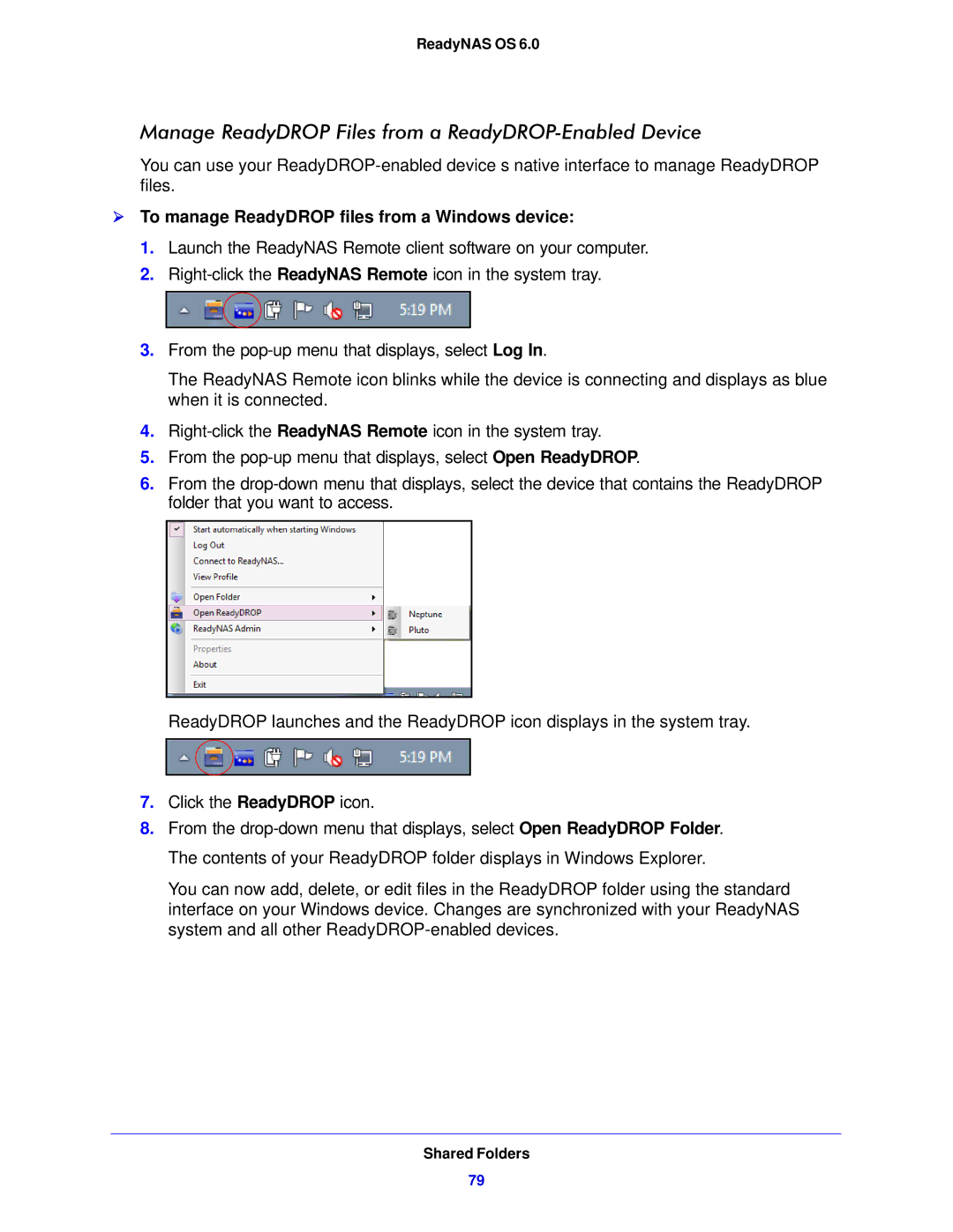 NETGEAR 314, 104 Manage ReadyDROP Files from a ReadyDROP-Enabled Device,  To manage ReadyDROP files from a Windows device 