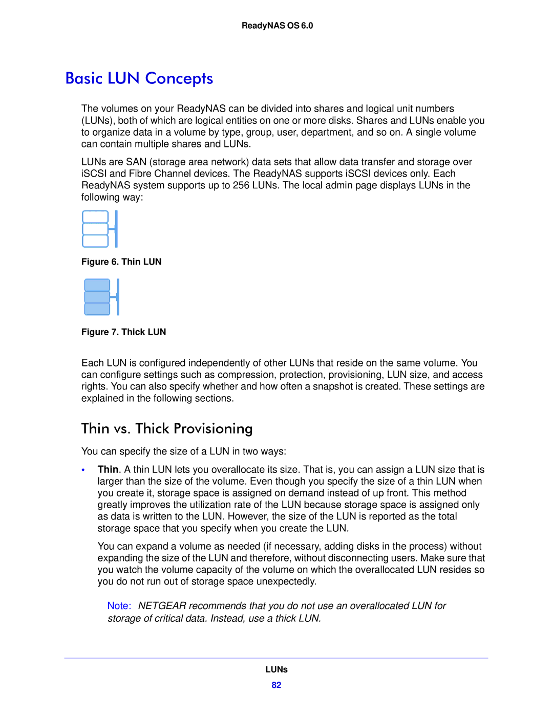 NETGEAR 314, 104, 312 software manual Basic LUN Concepts, Thin vs. Thick Provisioning 