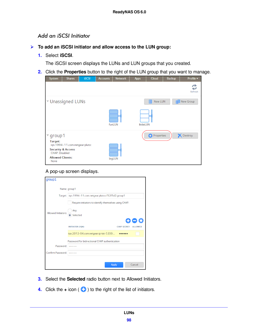 NETGEAR 312, 104, 314 software manual Add an iSCSI Initiator 