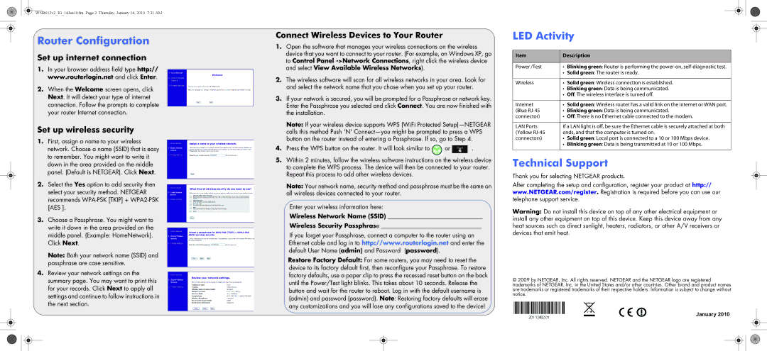 NETGEAR 150 manual Router Configuration, LED Activity, Technical Support 