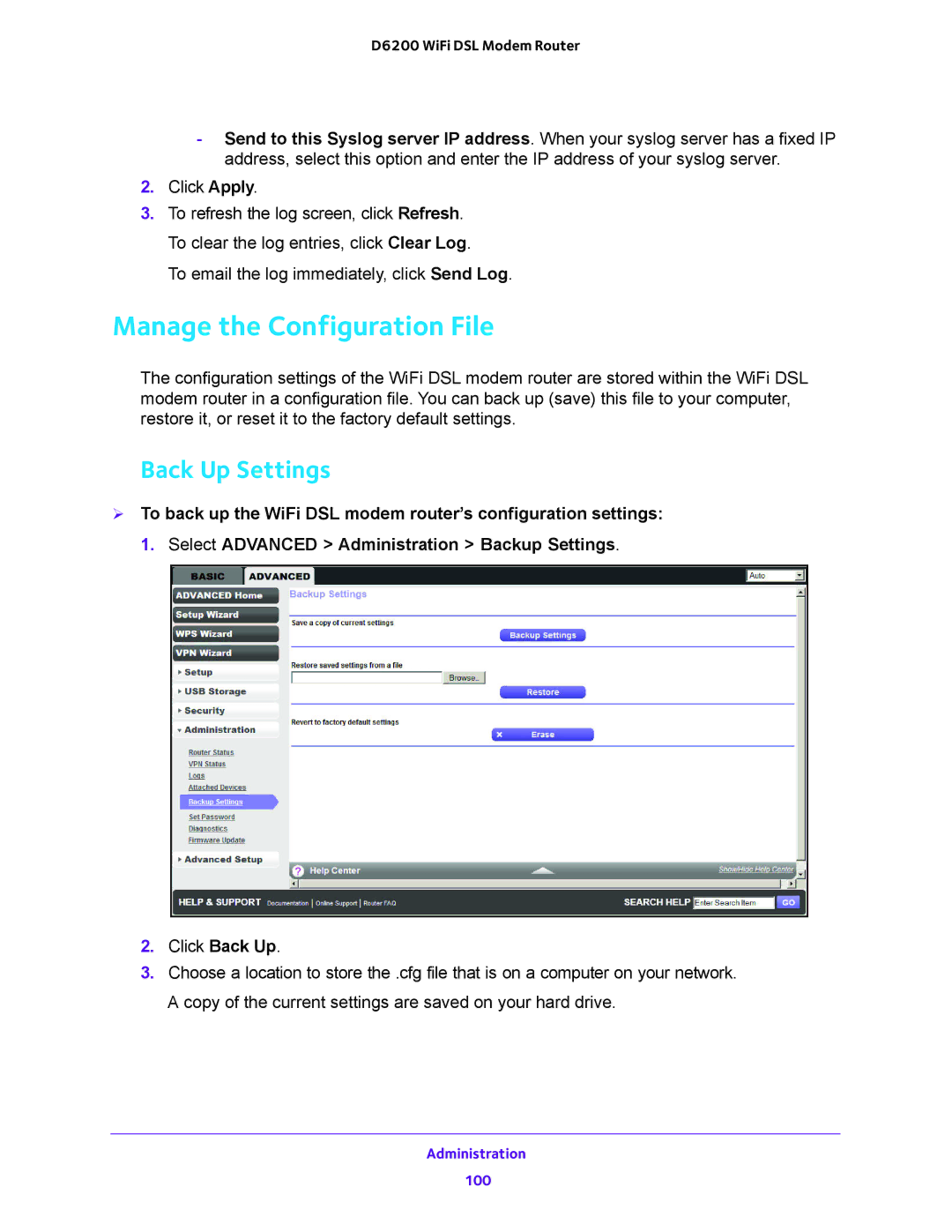 NETGEAR 202-11171-04 user manual Manage the Configuration File, Back Up Settings 