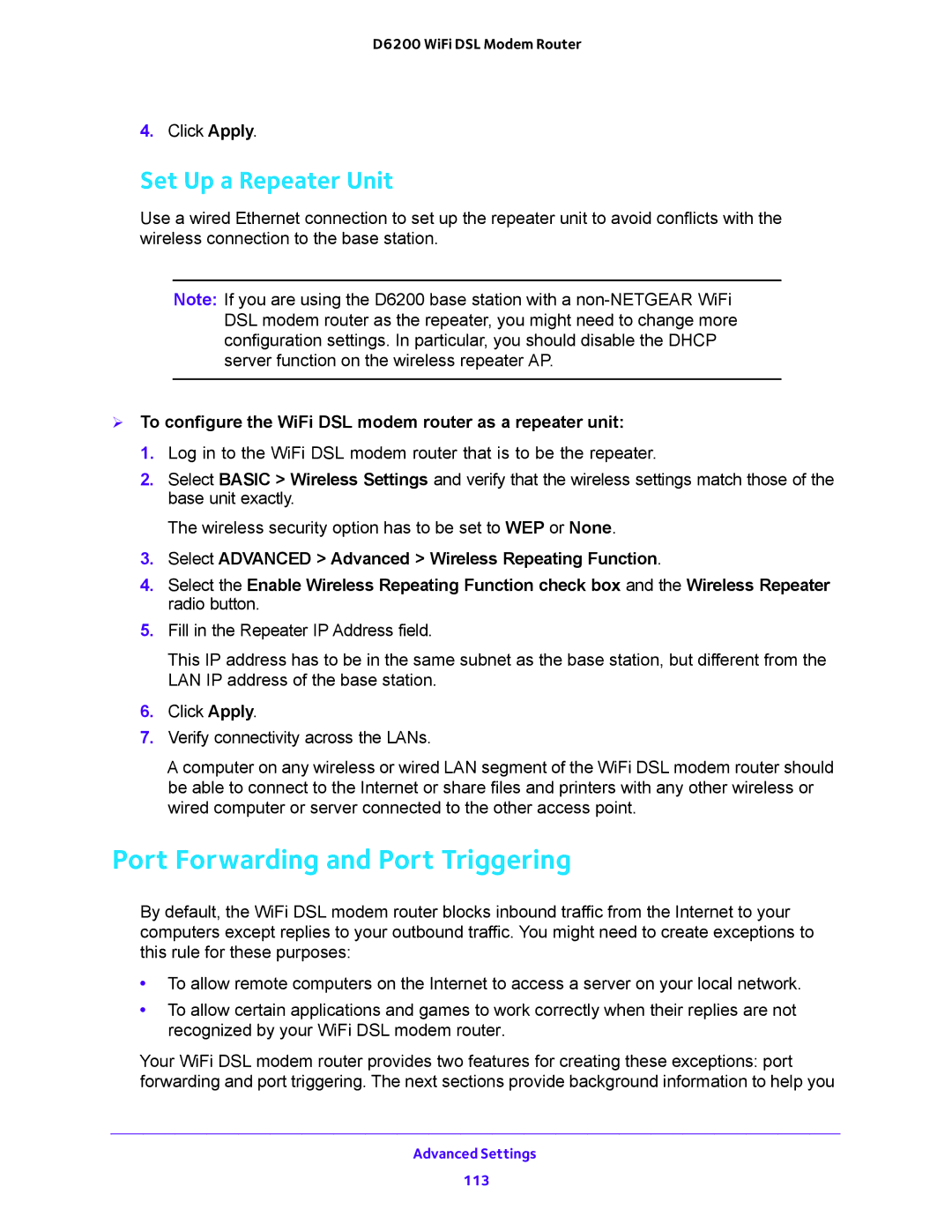 NETGEAR 202-11171-04 user manual Port Forwarding and Port Triggering, Set Up a Repeater Unit 