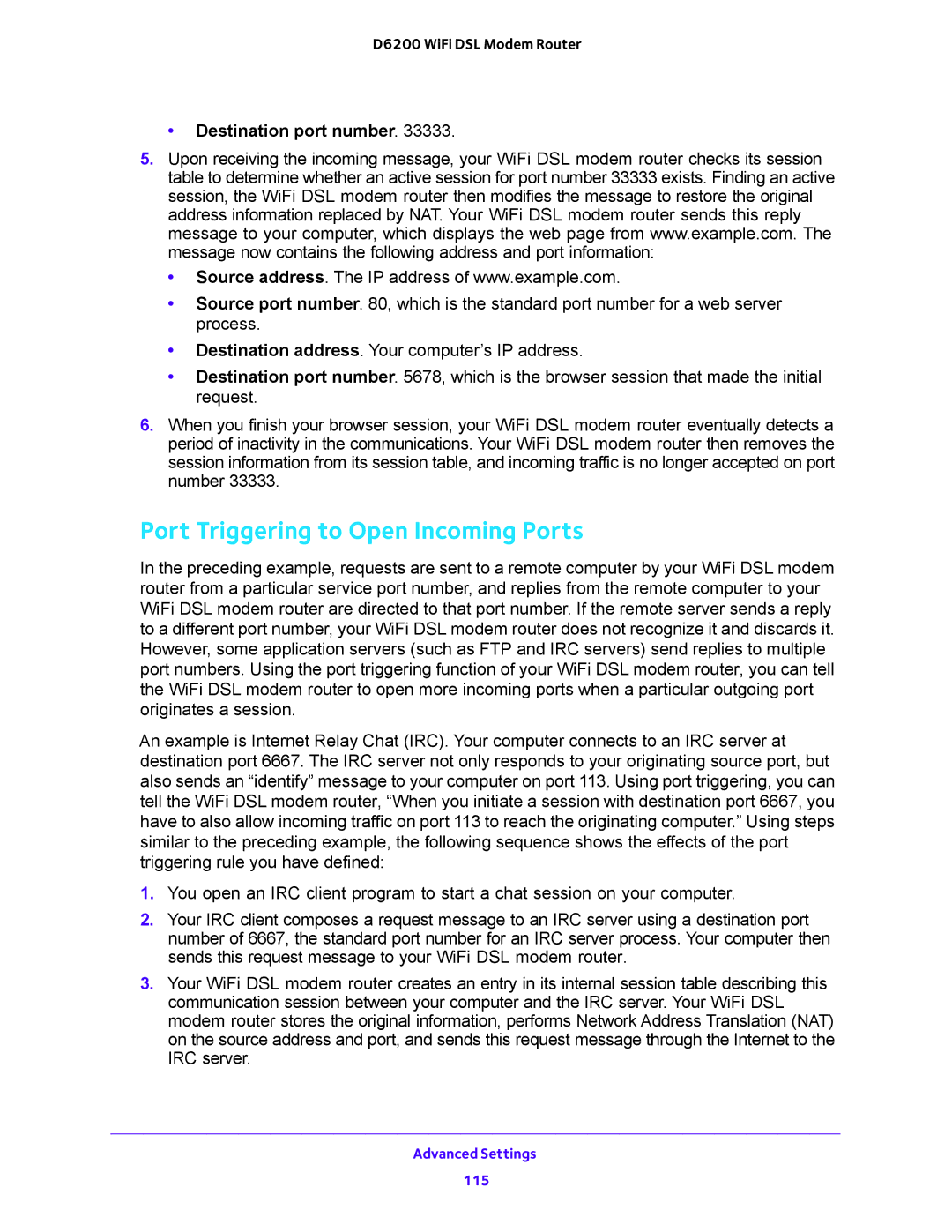 NETGEAR 202-11171-04 user manual Port Triggering to Open Incoming Ports, Destination port number 