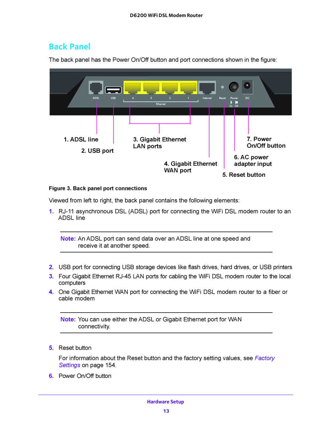 NETGEAR 202-11171-04 user manual Back Panel, Adsl line USB port Gigabit Ethernet Power LAN ports, AC power, Adapter input 