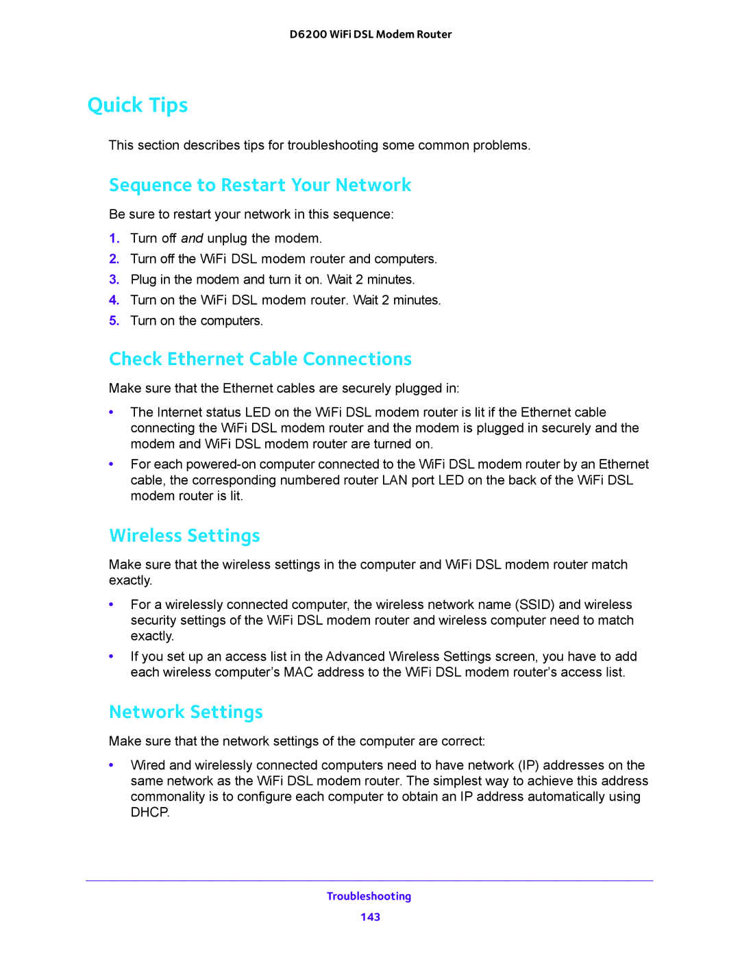 NETGEAR 202-11171-04 Quick Tips, Sequence to Restart Your Network, Check Ethernet Cable Connections, Wireless Settings 